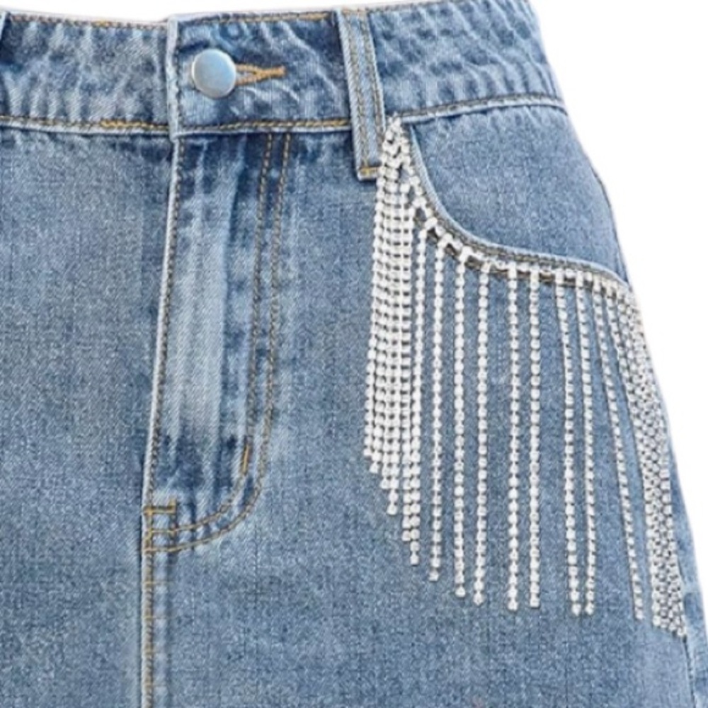 Blue Denim Mini Skirt with Fringe & Rhinestone Trim - Picture 4 of 7